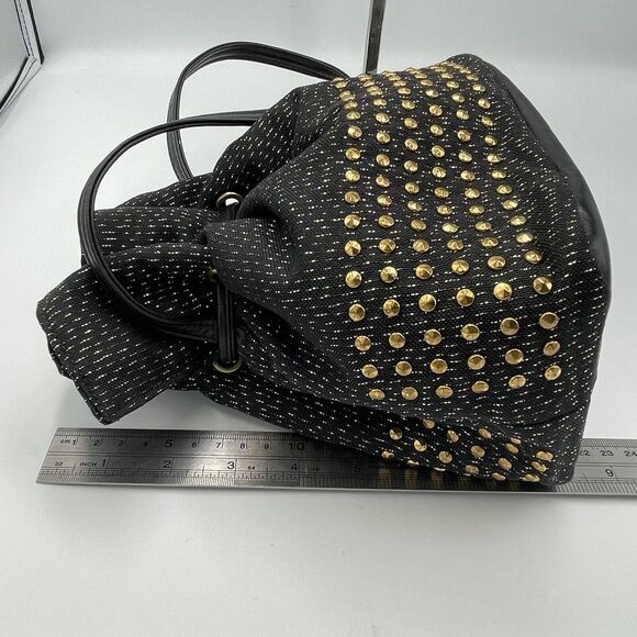 DAWLI Gold Metallic Studded Black Leather & Fabric Crossbody Bucket Purse Bag - Picture 4 of 9